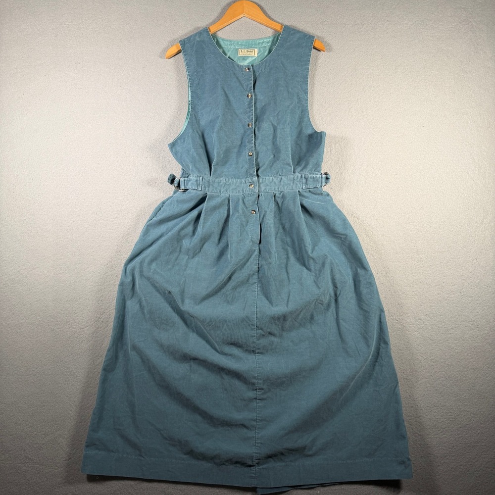 Vintage LL Bean Corduroy Jumper Dress Blue Teal Button Front USA 32 Waist